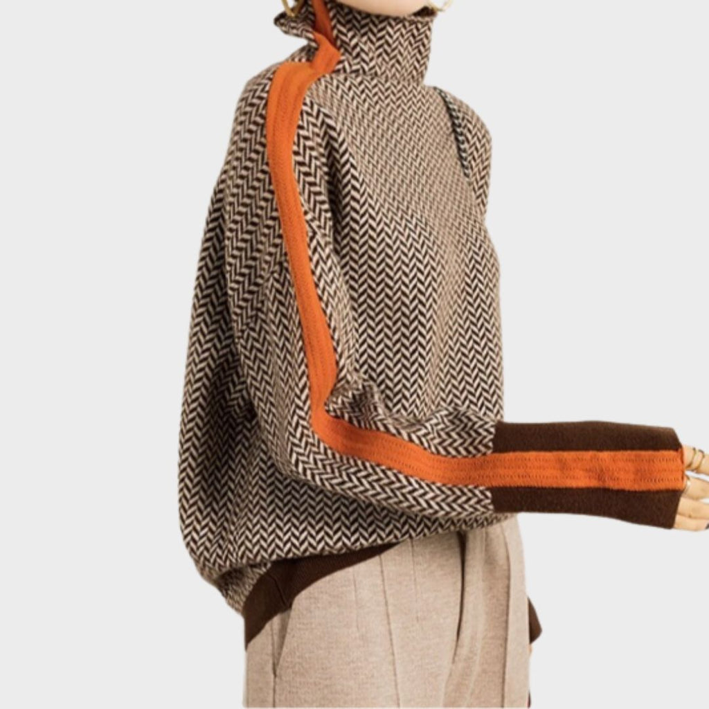 Women's Knit Turtleneck Sweater with Herringbone Pattern and Stripe Sleeves