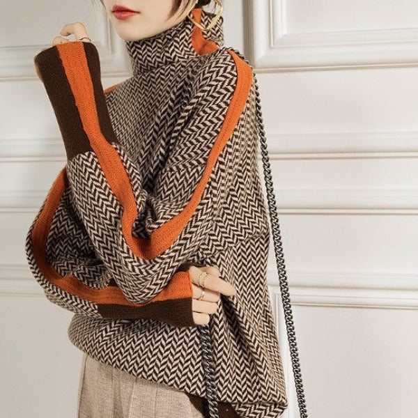 Women's Knit Turtleneck Sweater with Herringbone Pattern and Stripe Sleeves