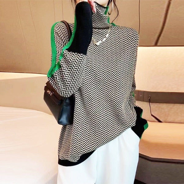 Women's Knit Turtleneck Sweater with Herringbone Pattern and Stripe Sleeves