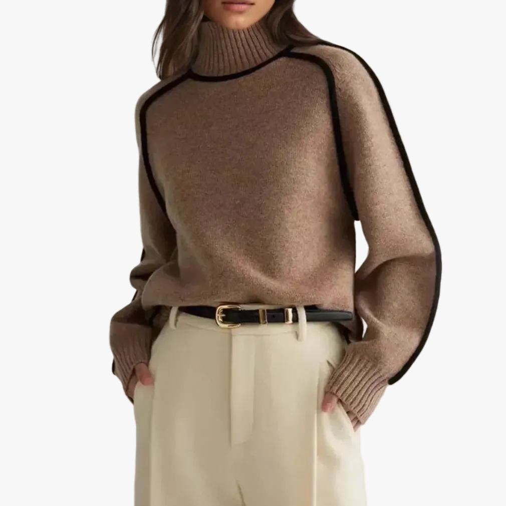 Women's Knit Turtleneck Sweater with Raglan Sleeves and Piped Trim