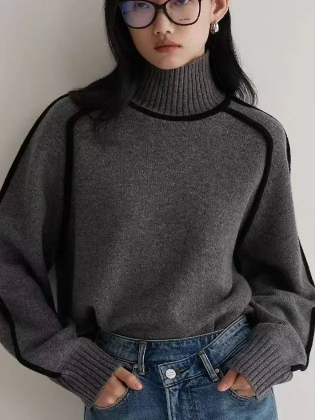 Women's Knit Turtleneck Sweater with Raglan Sleeves and Piped Trim