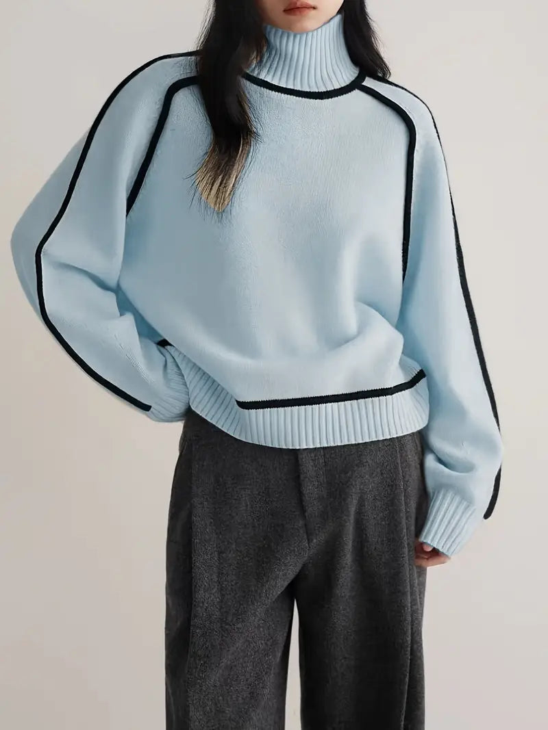 Women's Knit Turtleneck Sweater with Raglan Sleeves and Piped Trim
