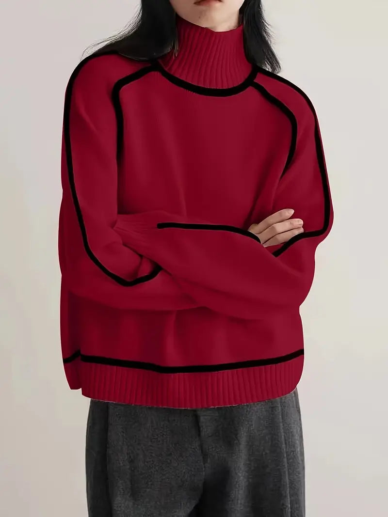 Women's Knit Turtleneck Sweater with Raglan Sleeves and Piped Trim