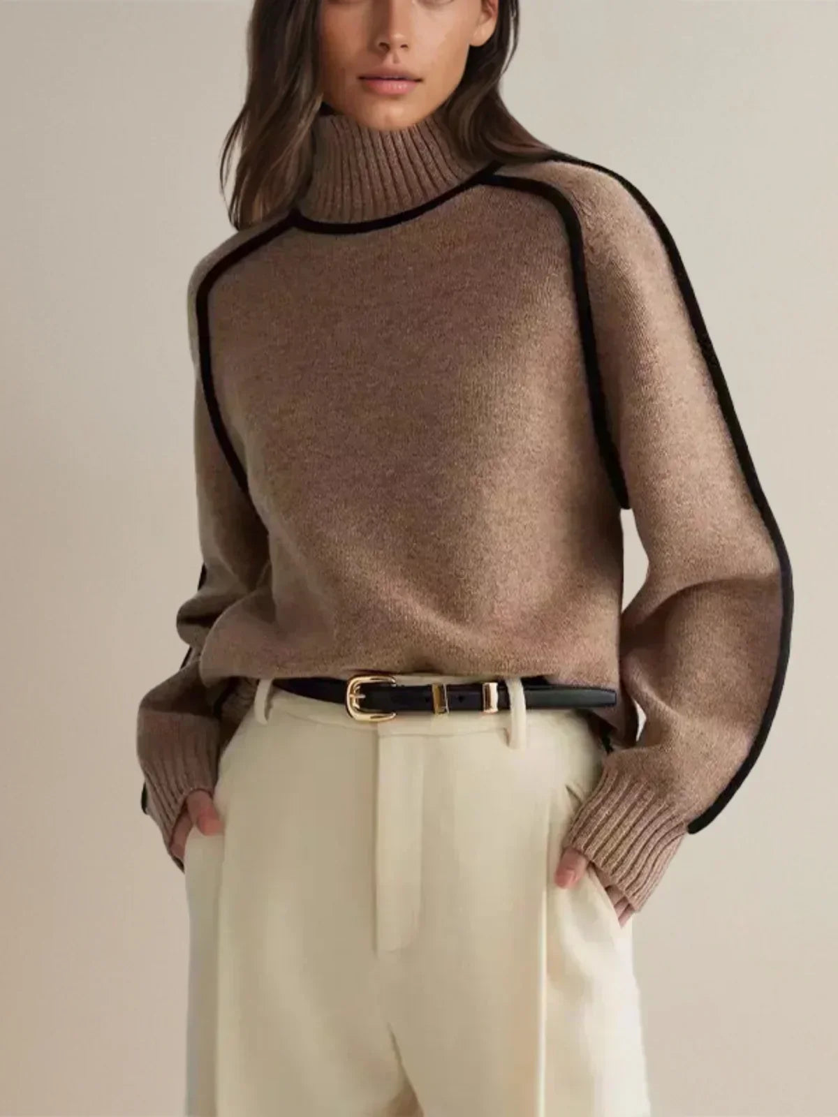 Women's Knit Turtleneck Sweater with Raglan Sleeves and Piped Trim