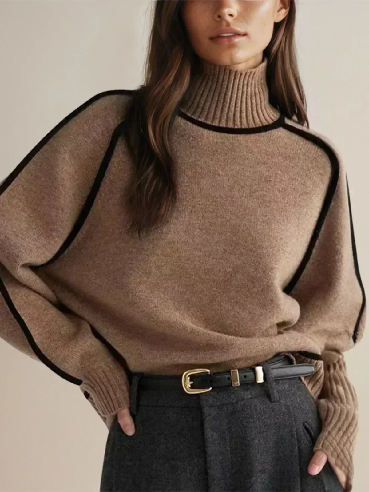 Women's Knit Turtleneck Sweater with Raglan Sleeves and Piped Trim