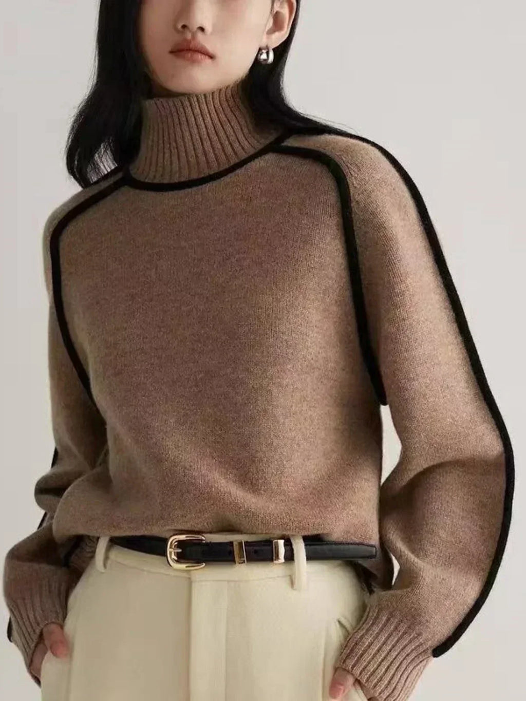 Women's Knit Turtleneck Sweater with Raglan Sleeves and Piped Trim