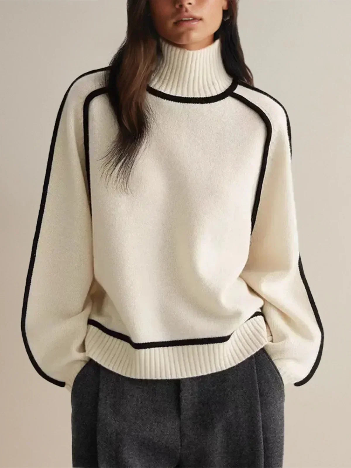 Women's Knit Turtleneck Sweater with Raglan Sleeves and Piped Trim