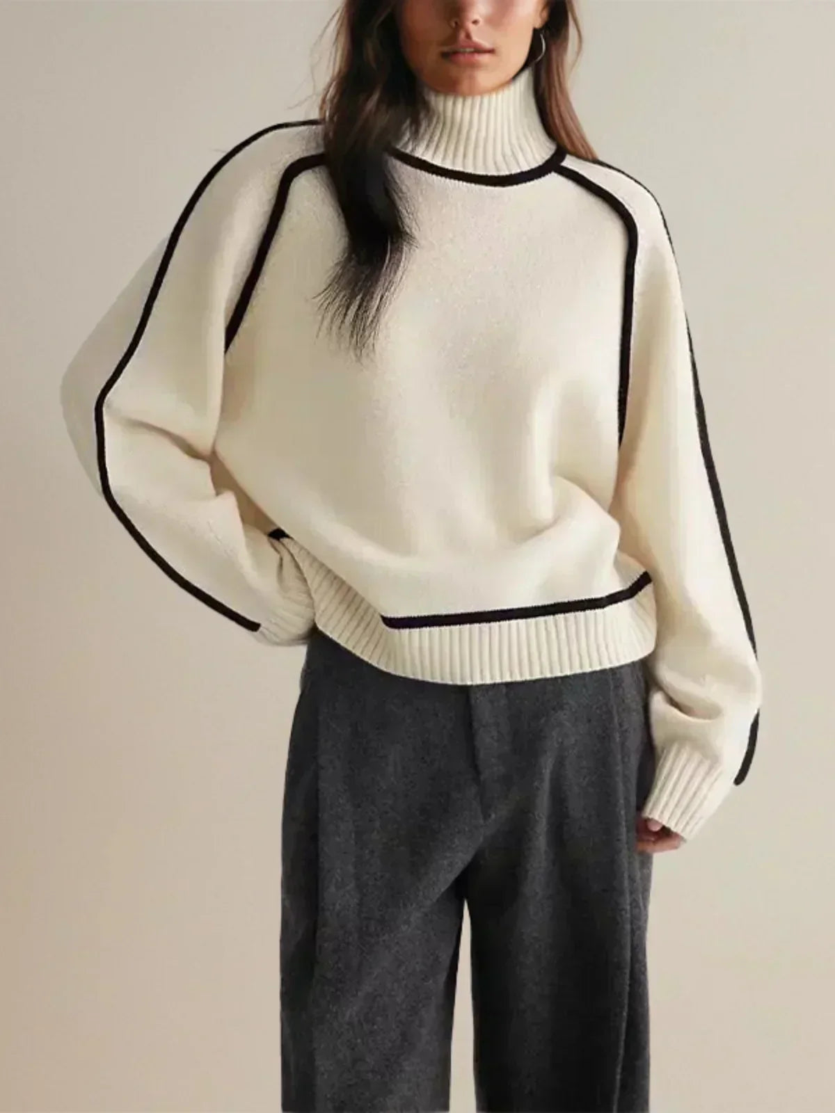 Women's Knit Turtleneck Sweater with Raglan Sleeves and Piped Trim