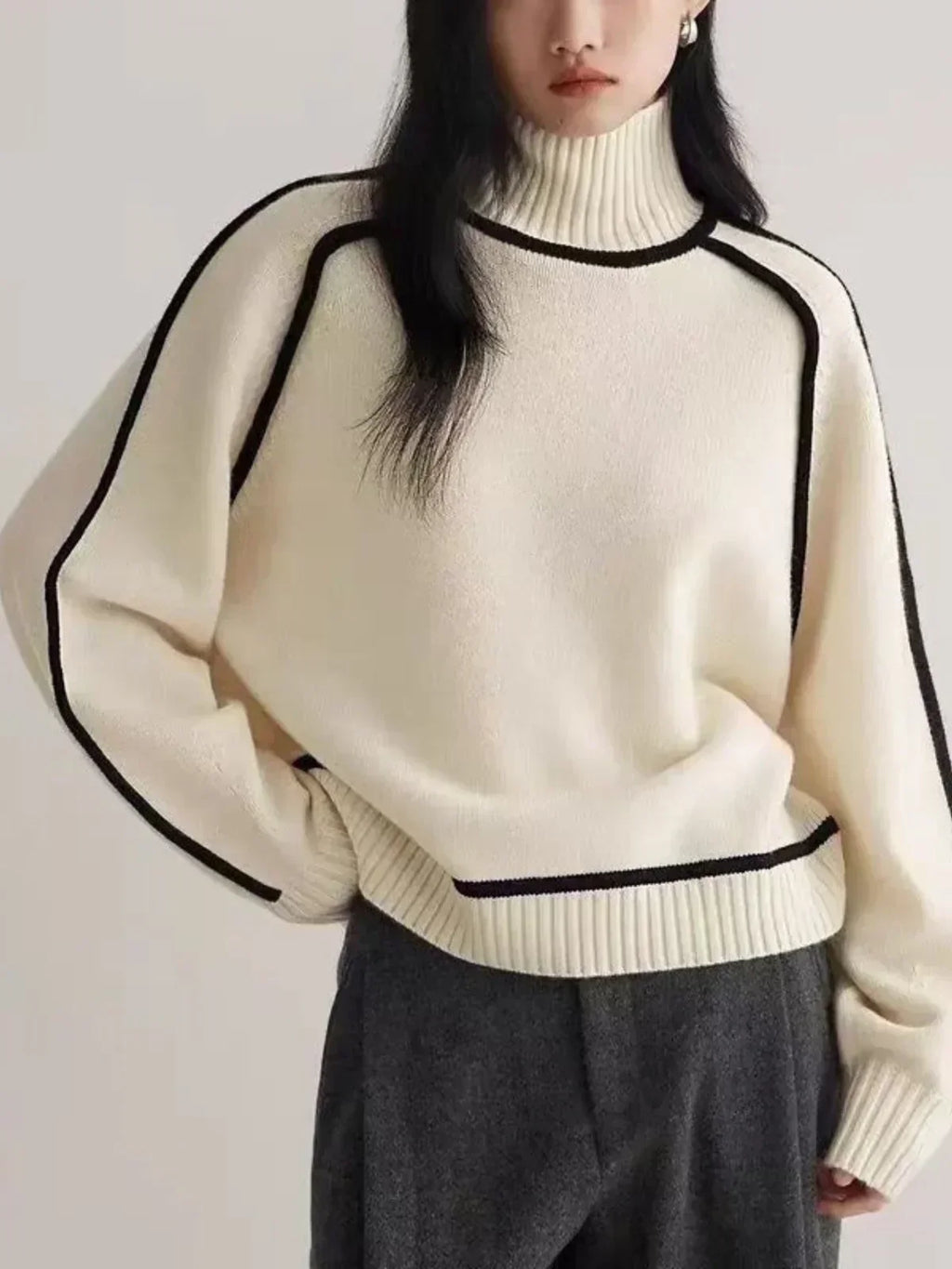 Women's Knit Turtleneck Sweater with Raglan Sleeves and Piped Trim