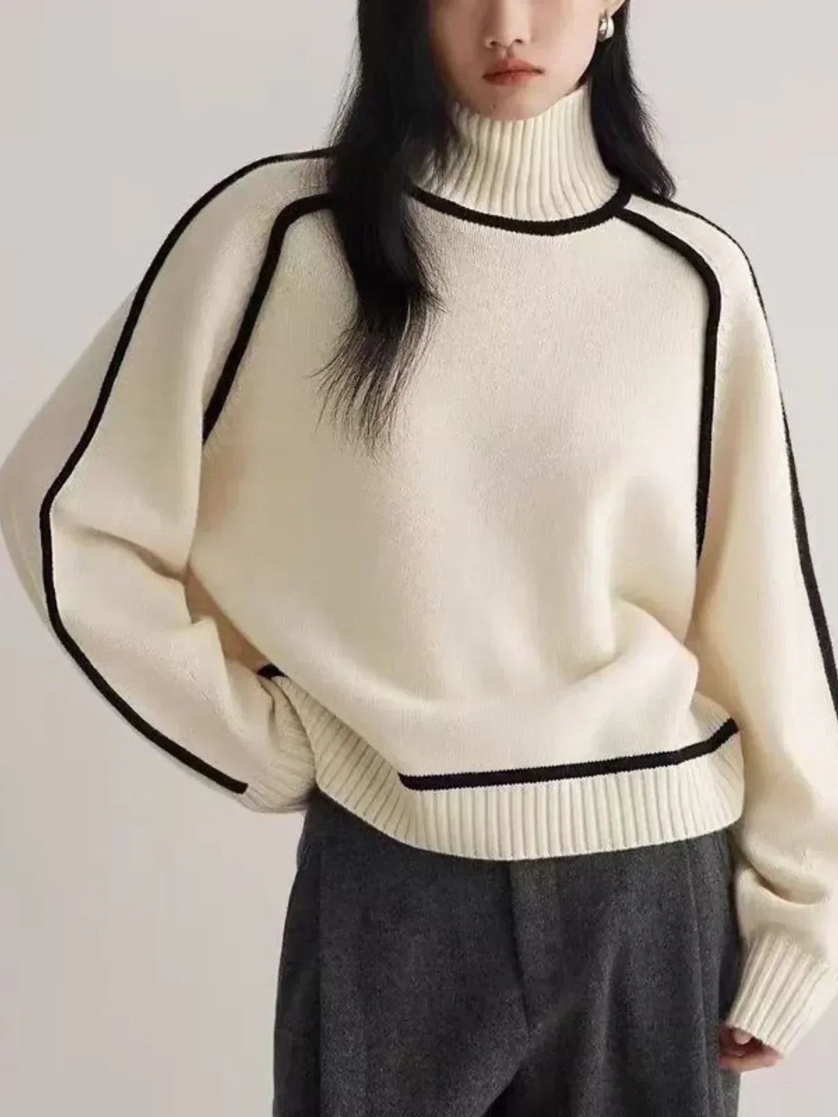 Women's Knit Turtleneck Sweater with Raglan Sleeves and Piped Trim