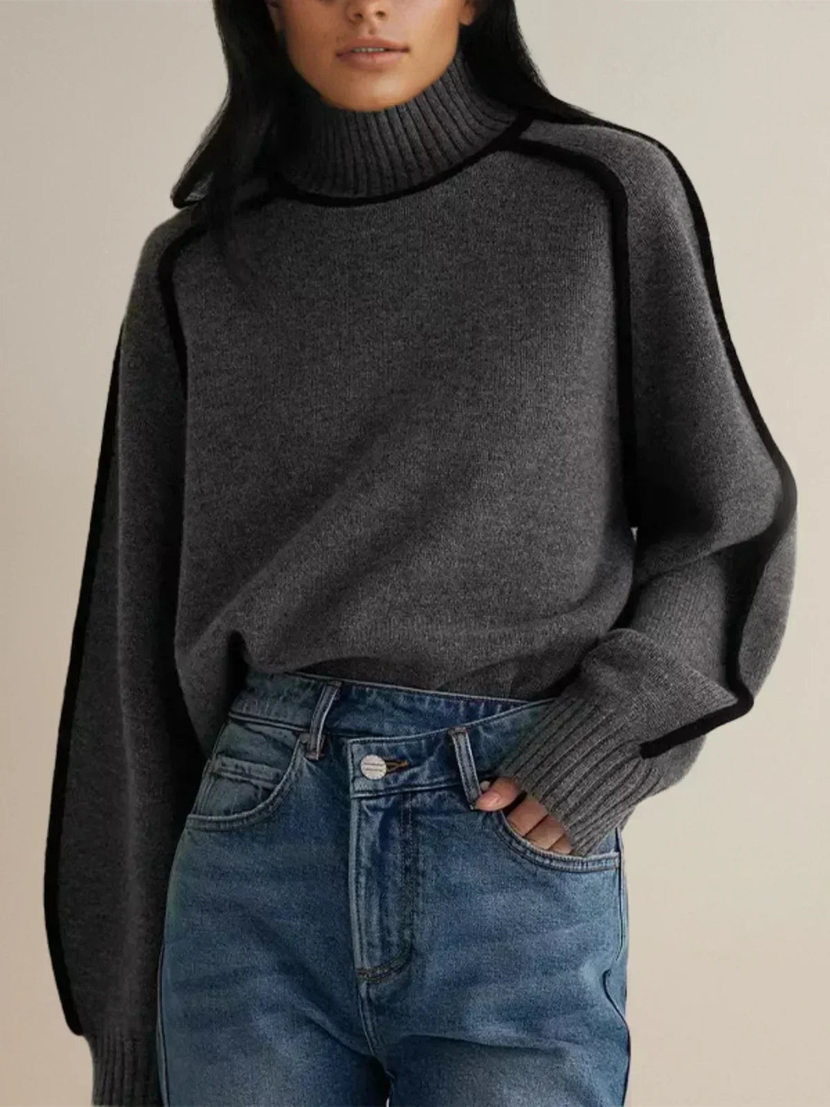 Women's Knit Turtleneck Sweater with Raglan Sleeves and Piped Trim