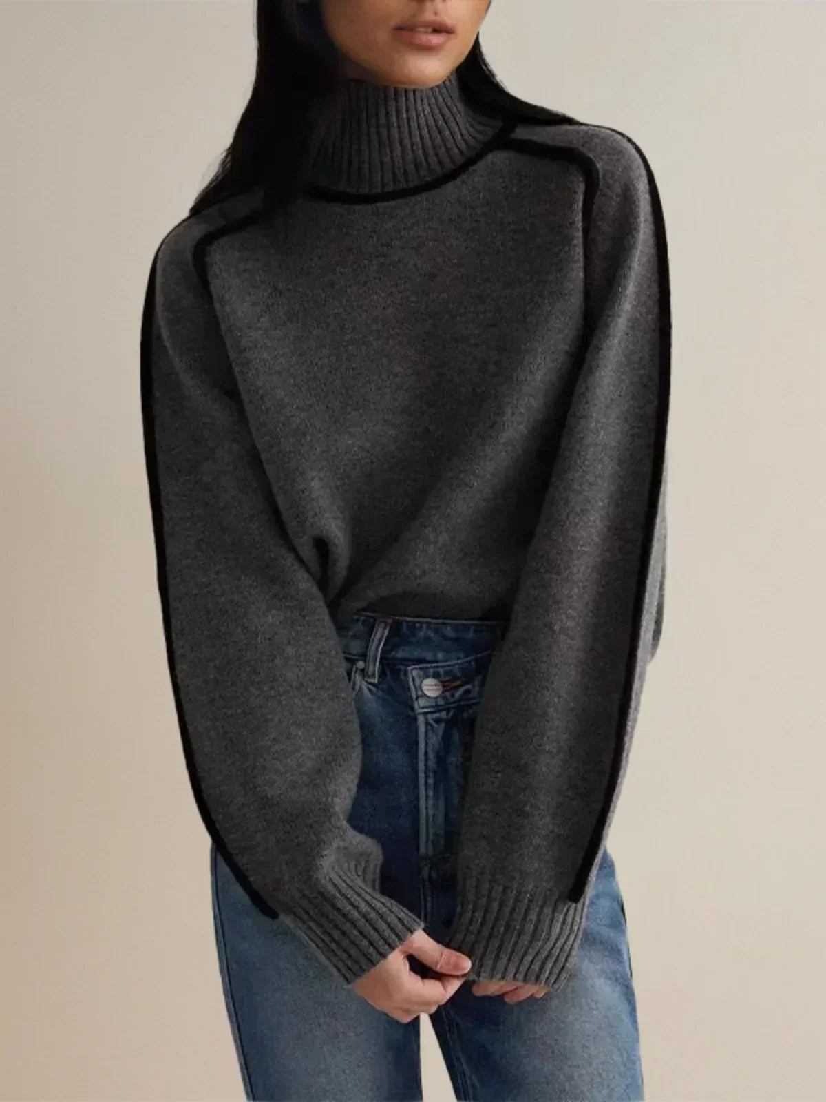 Women's Knit Turtleneck Sweater with Raglan Sleeves and Piped Trim