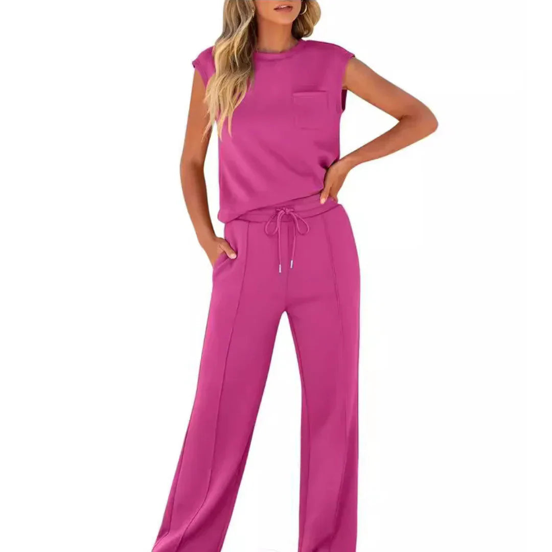 Women's Knit Two-Piece Set with Patch Pocket and Drawstring Waist
