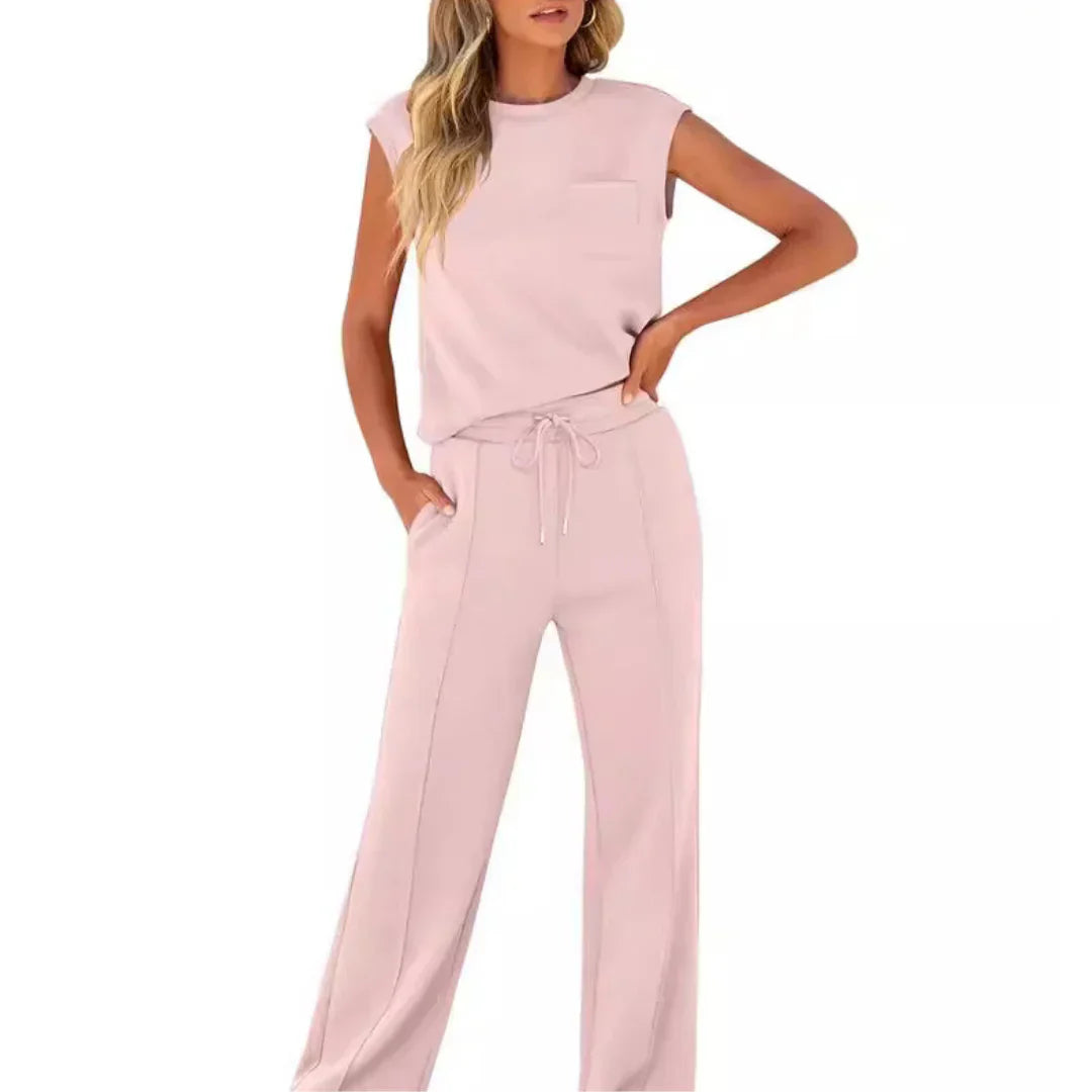 Women's Knit Two-Piece Set with Patch Pocket and Drawstring Waist