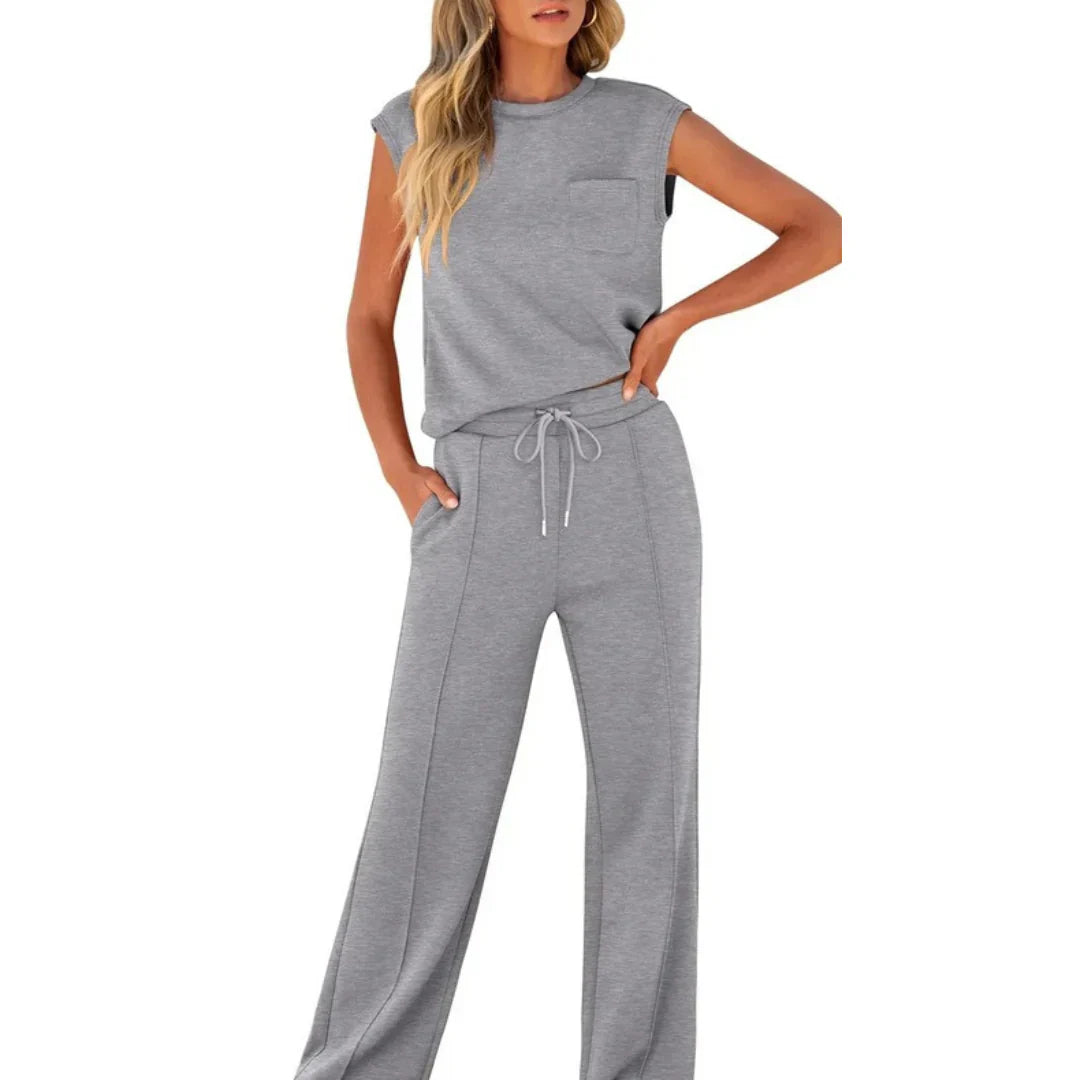 Women's Knit Two-Piece Set with Patch Pocket and Drawstring Waist