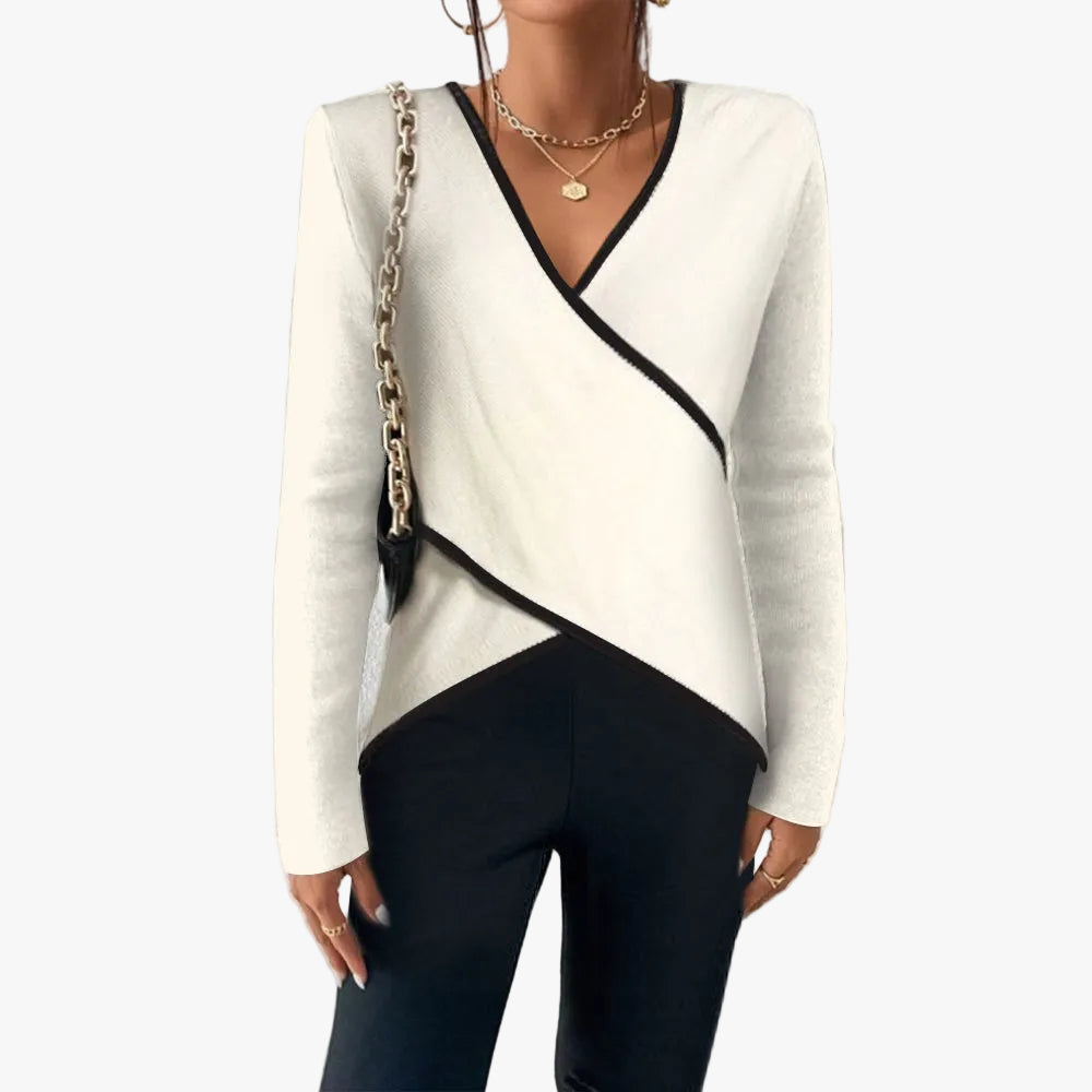 Women's Knit Wrap Sweater with V Neck and Contrast Trim
