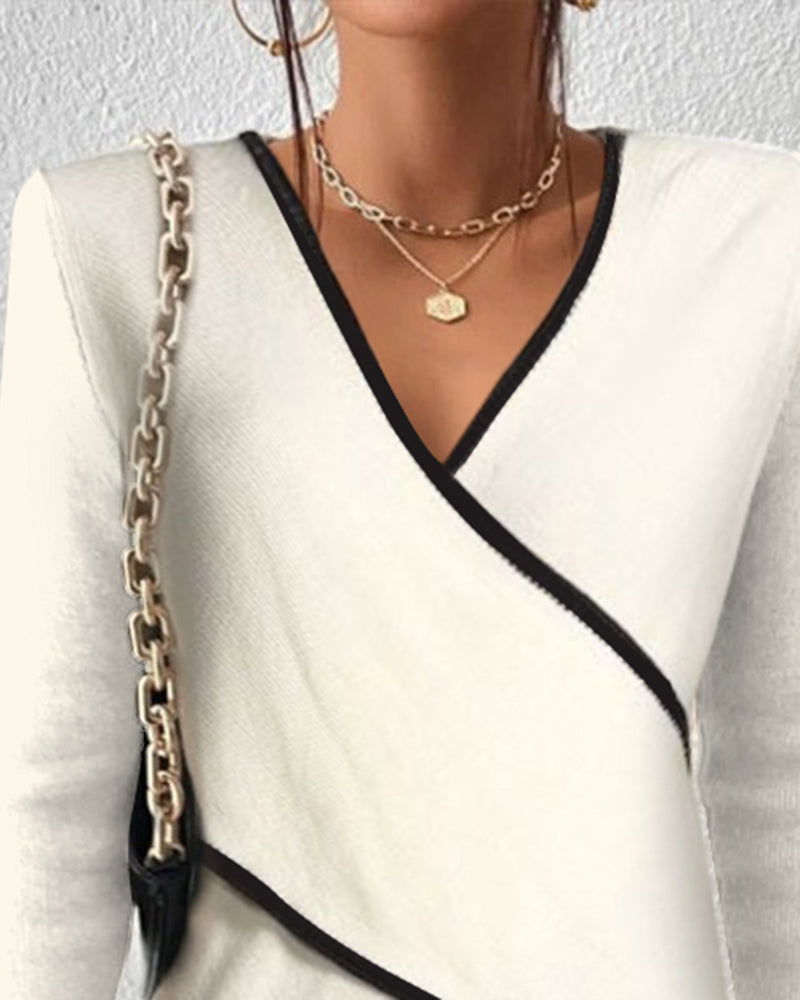 Women's Knit Wrap Sweater with V Neck and Contrast Trim