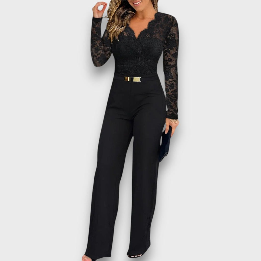 Women's Lace Jumpsuit with V Neck and Wide Legs