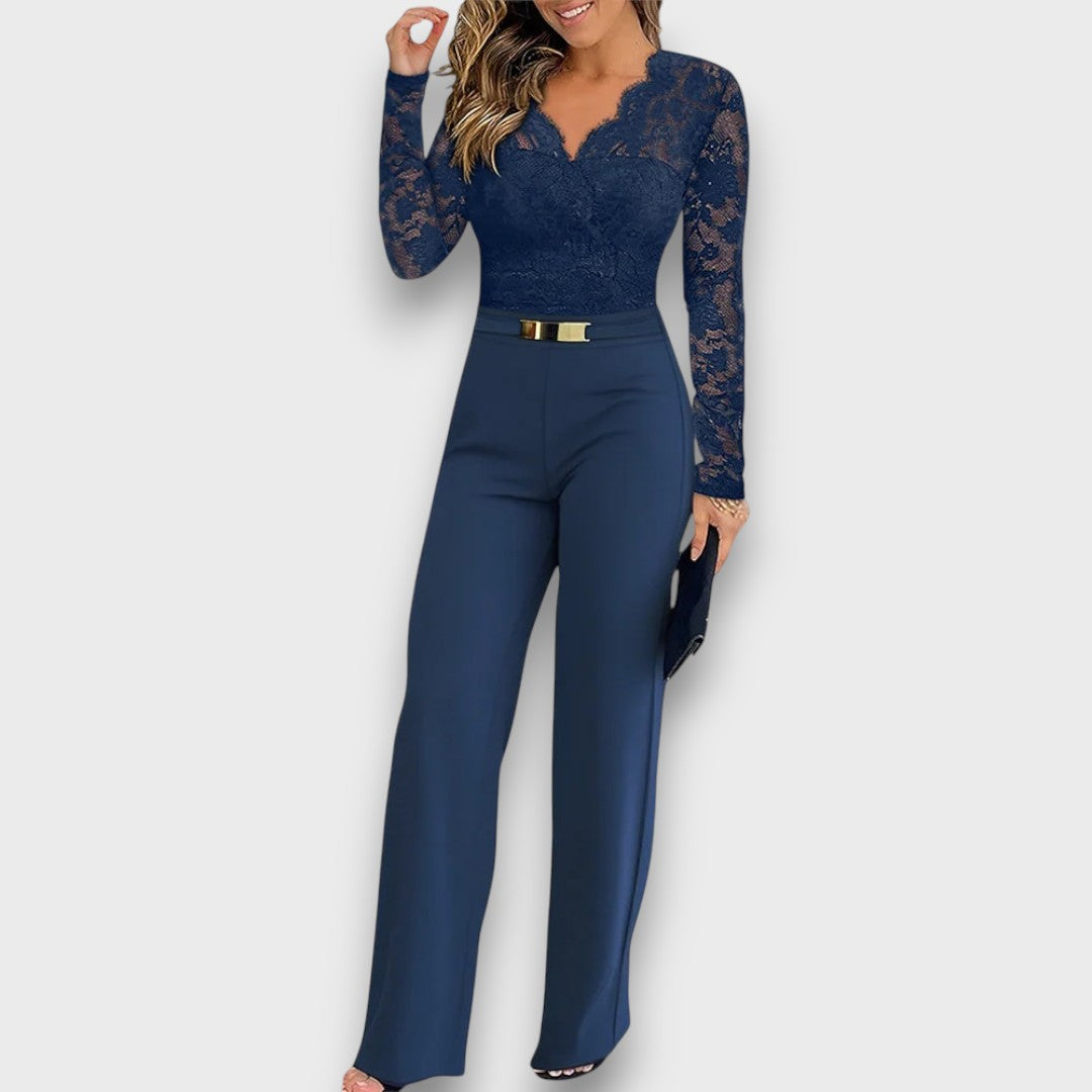 Women's Lace Jumpsuit with V Neck and Wide Legs