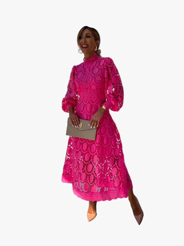 Women's Lace Midi Dress with High Neck and Scalloped Hem