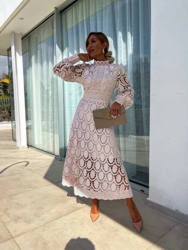 Women's Lace Midi Dress with High Neck and Scalloped Hem