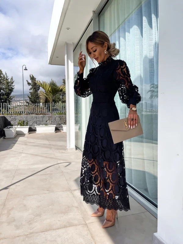 Women's Lace Midi Dress with High Neck and Scalloped Hem
