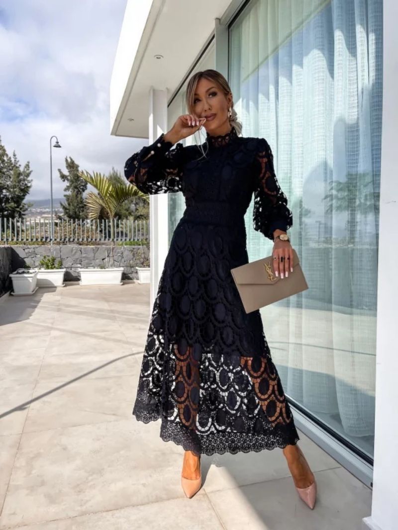 Women's Lace Midi Dress with High Neck and Scalloped Hem