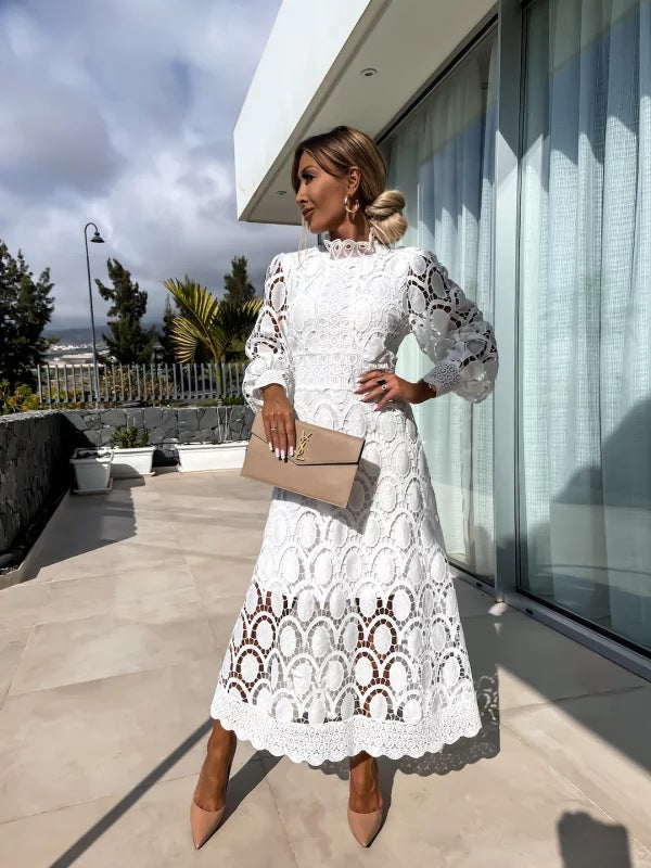 Women's Lace Midi Dress with High Neck and Scalloped Hem