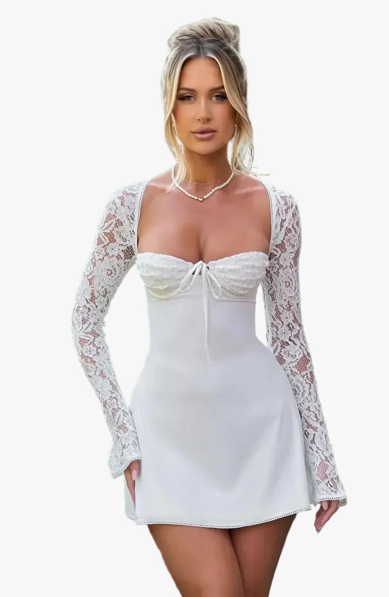 Women's Lace Mini Dress with Square Neck and Tie Back