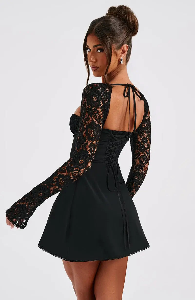 Women's Lace Mini Dress with Square Neck and Tie Back