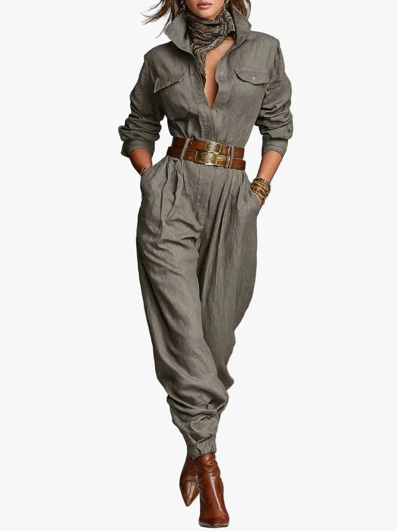 Women's Linen-Blend Jumpsuit with Button Front and Chest Pockets