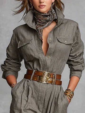 Women's Linen-Blend Jumpsuit with Button Front and Chest Pockets