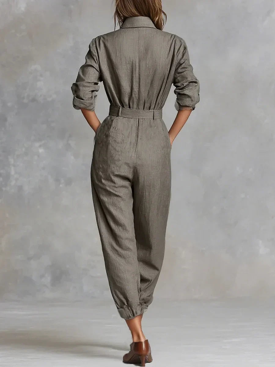 Women's Linen-Blend Jumpsuit with Button Front and Chest Pockets
