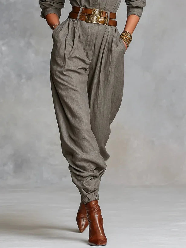 Women's Linen-Blend Jumpsuit with Button Front and Chest Pockets