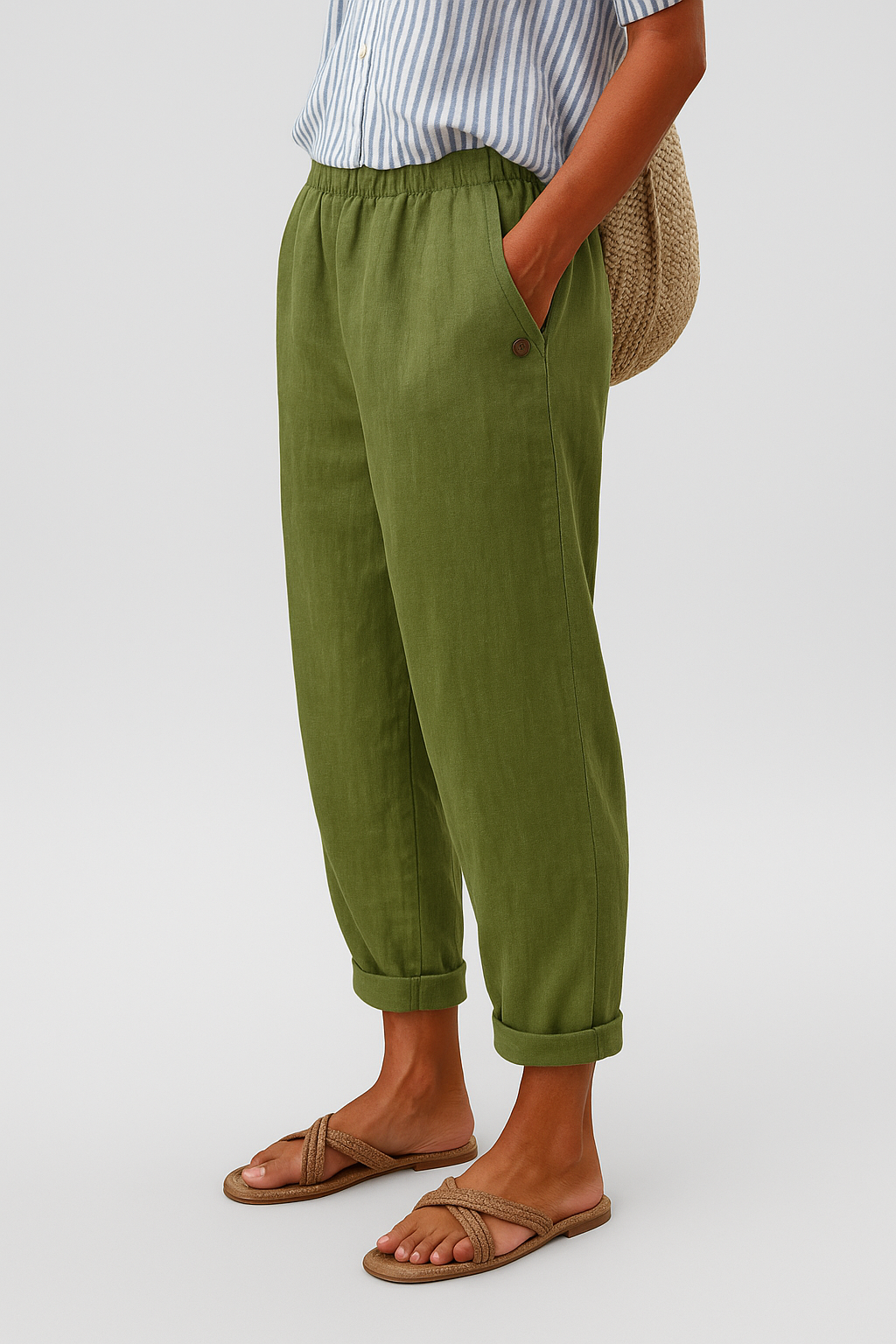 Women's Linen-Blend Pants with Elastic Waist and Side Pockets