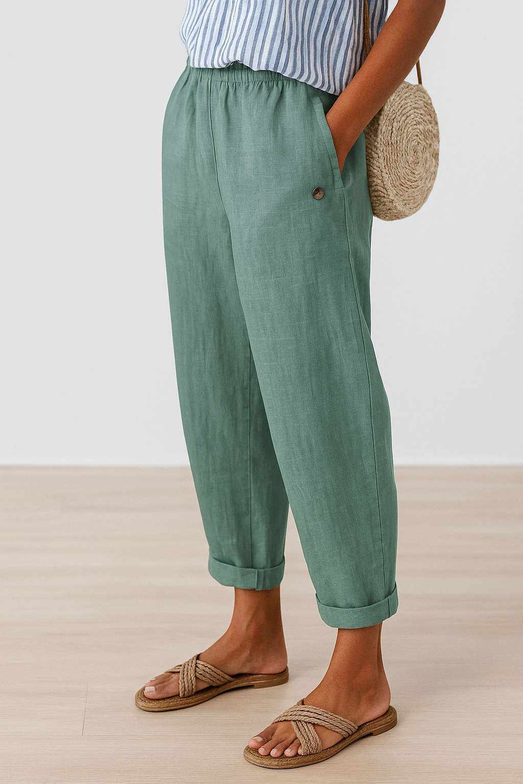 Women's Linen-Blend Pants with Elastic Waist and Side Pockets