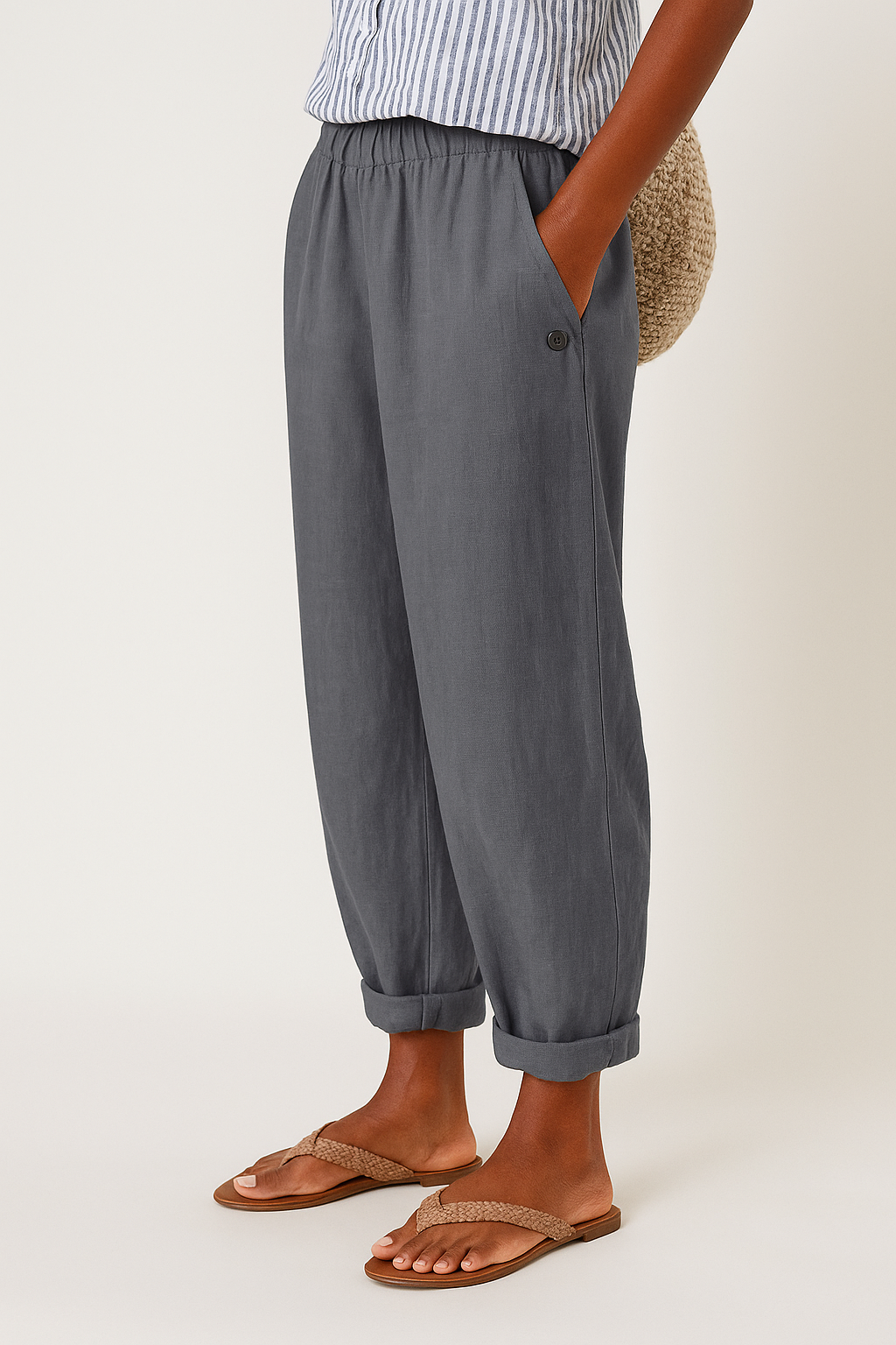 Women's Linen-Blend Pants with Elastic Waist and Side Pockets