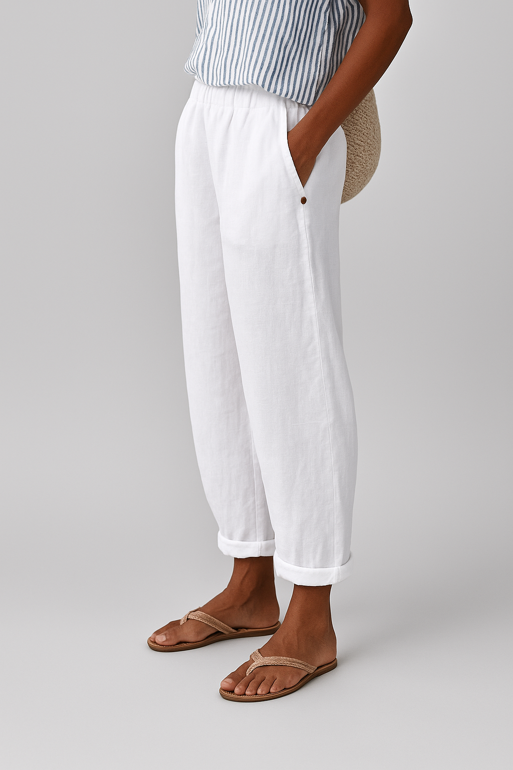 Women's Linen-Blend Pants with Elastic Waist and Side Pockets