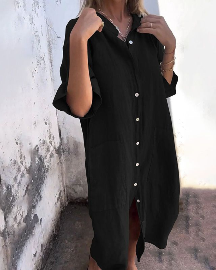 Women's Linen Midi Dress with Button Front and Patch Pockets