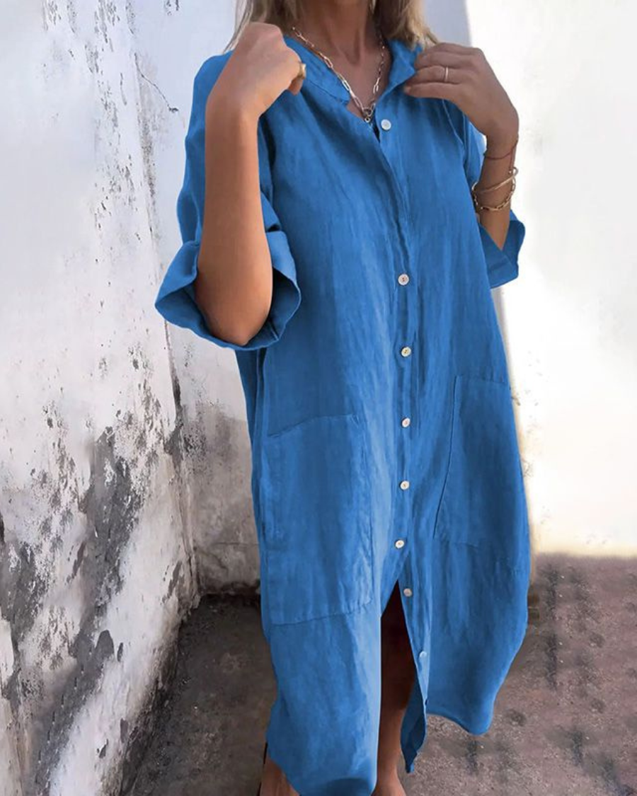 Women's Linen Midi Dress with Button Front and Patch Pockets