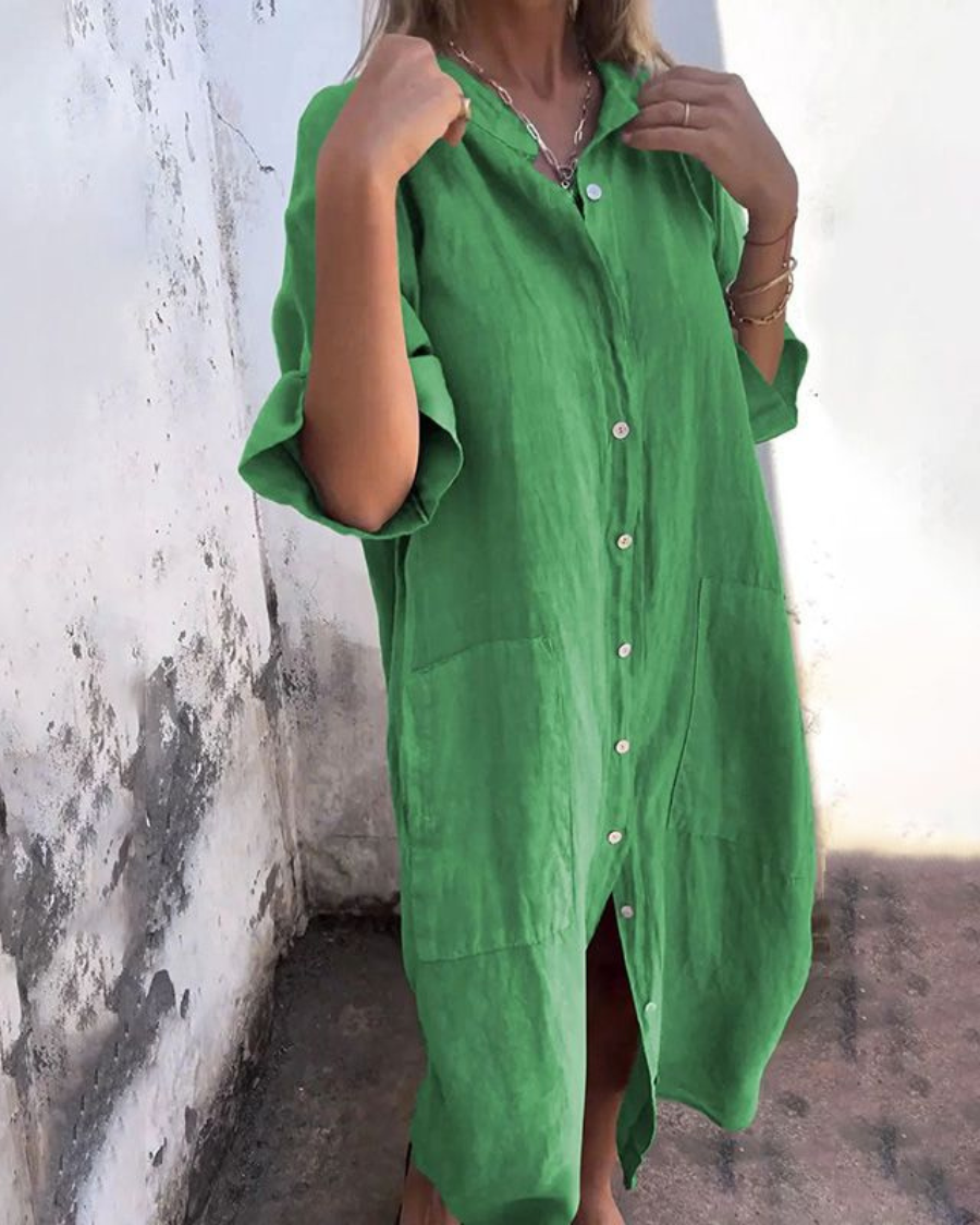 Women's Linen Midi Dress with Button Front and Patch Pockets