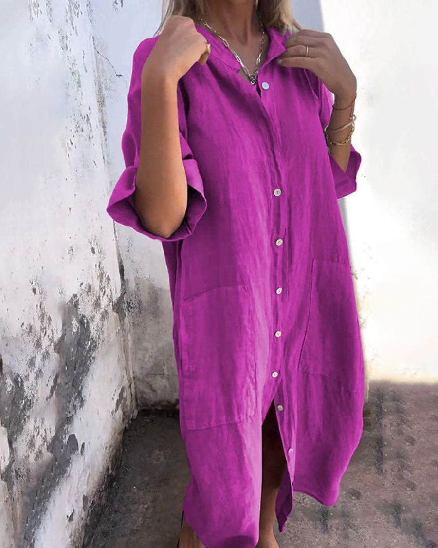 Women's Linen Midi Dress with Button Front and Patch Pockets
