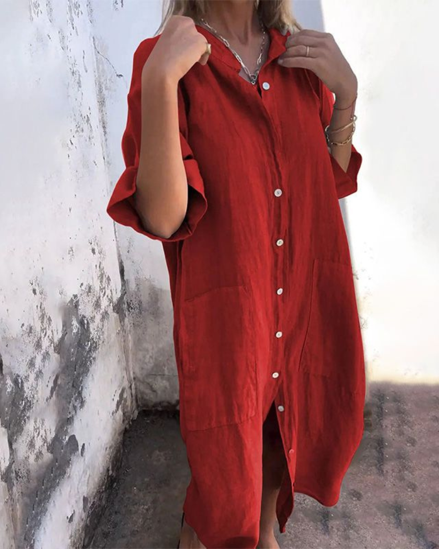 Women's Linen Midi Dress with Button Front and Patch Pockets