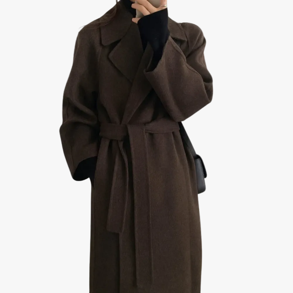 Women's Long Blend Coat with Notched Lapels and Tie Belt
