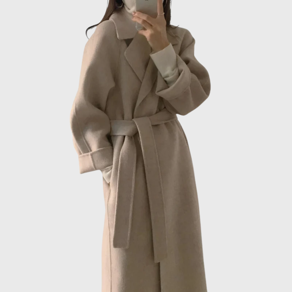 Women's Long Blend Coat with Notched Lapels and Tie Belt