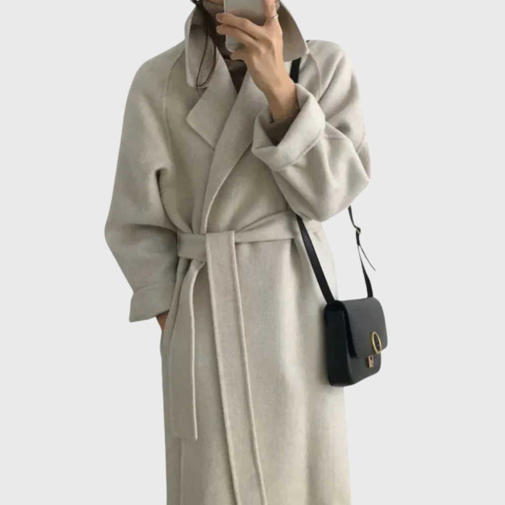 Women's Long Blend Coat with Notched Lapels and Tie Belt