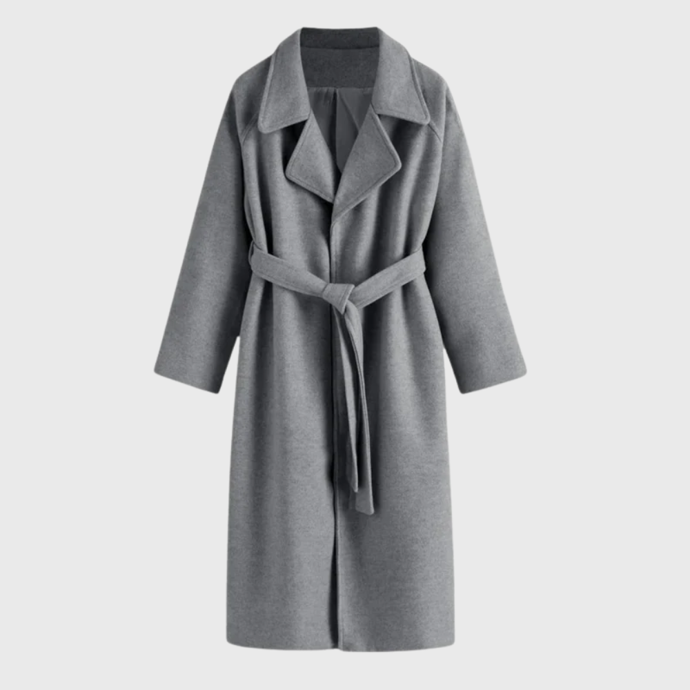 Women's Long Blend Coat with Notched Lapels and Tie Belt