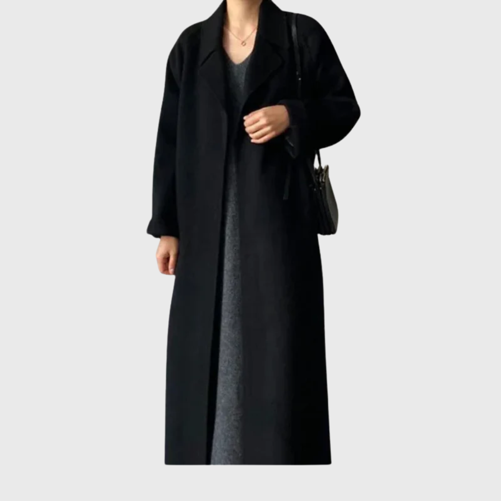 Women's Long Blend Coat with Notched Lapels and Tie Belt