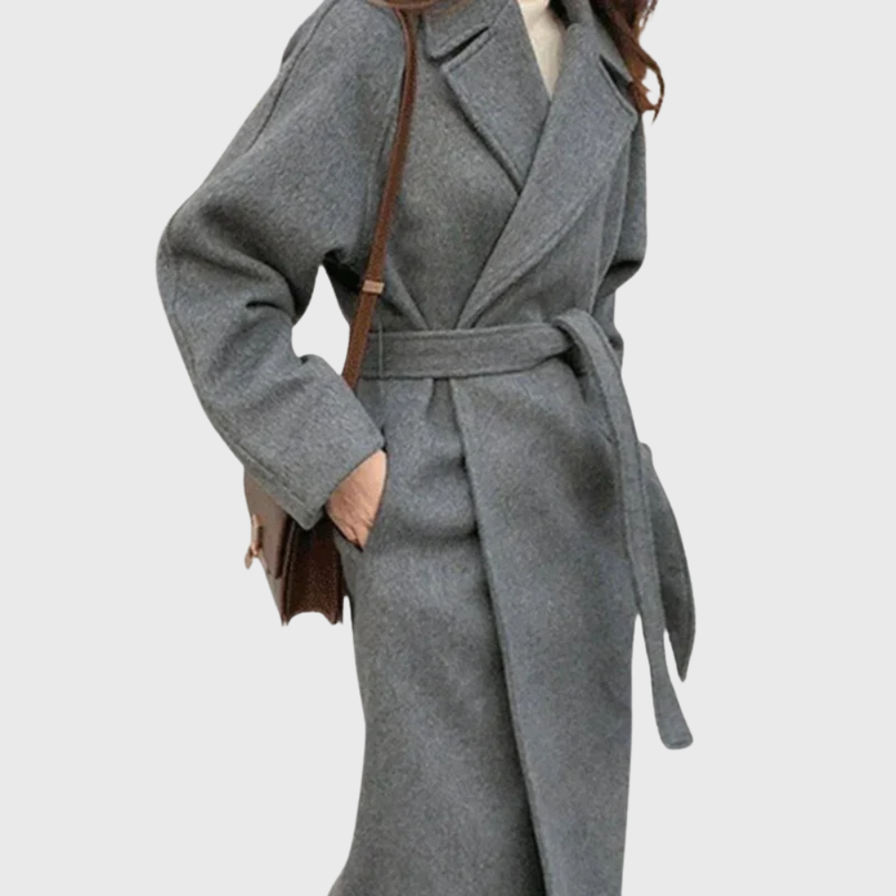 Women's Long Blend Coat with Notched Lapels and Tie Belt