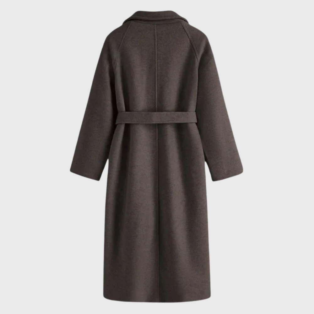 Women's Long Blend Coat with Notched Lapels and Tie Belt
